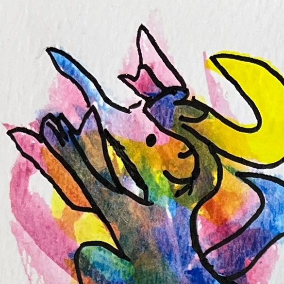 A tiny drawing of a colorful watercolor creature, holding something curved and golden.
