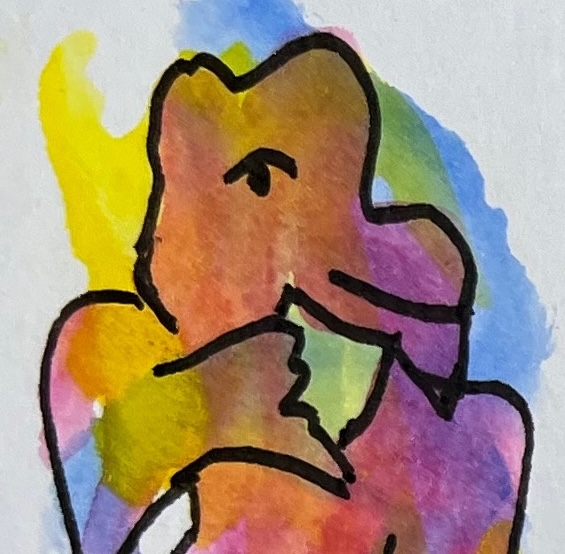 A tiny drawing of a colorful watercolor creature, holding what might be a slip of paper.