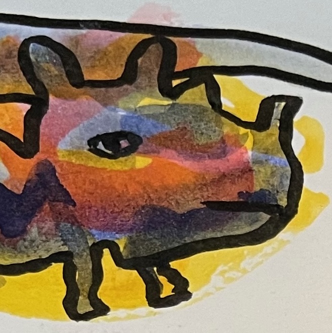 A tiny drawing of a colorful watercolor creature with a calm expression.