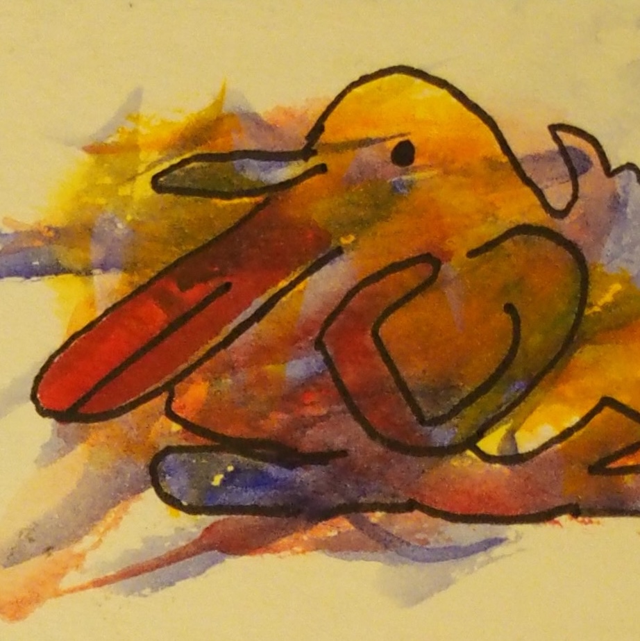 A tiny drawing of a colorful watercolor creature with a long sort of beak.