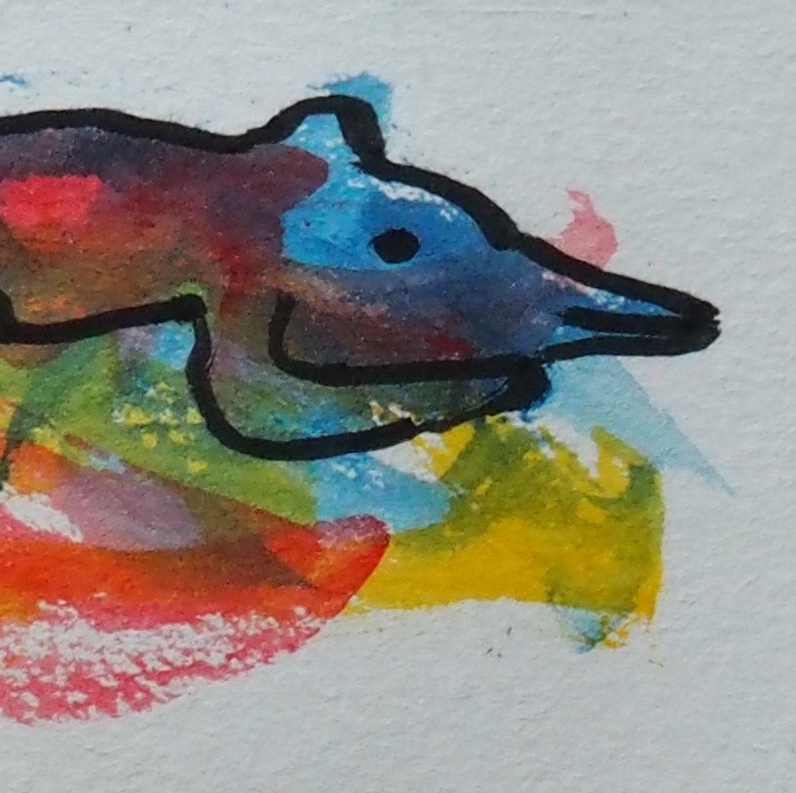 A tiny drawing of a colorful watercolor creature, resting on a cloud of color.
