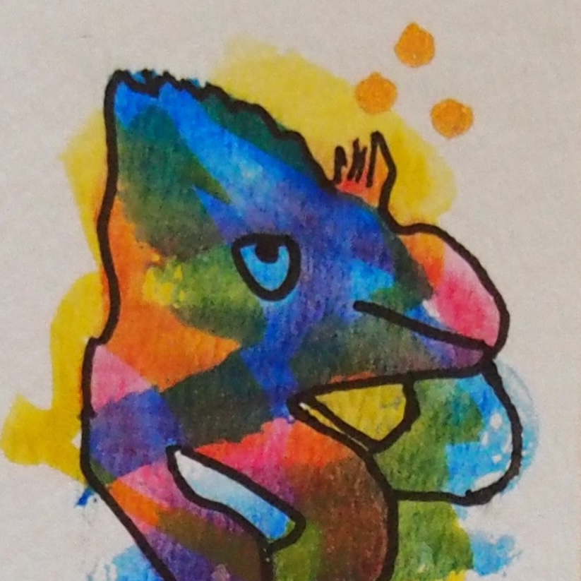 A tiny drawing of a colorful watercolor creature with a bit of an eyeroll and three tiny orange dots floating above.