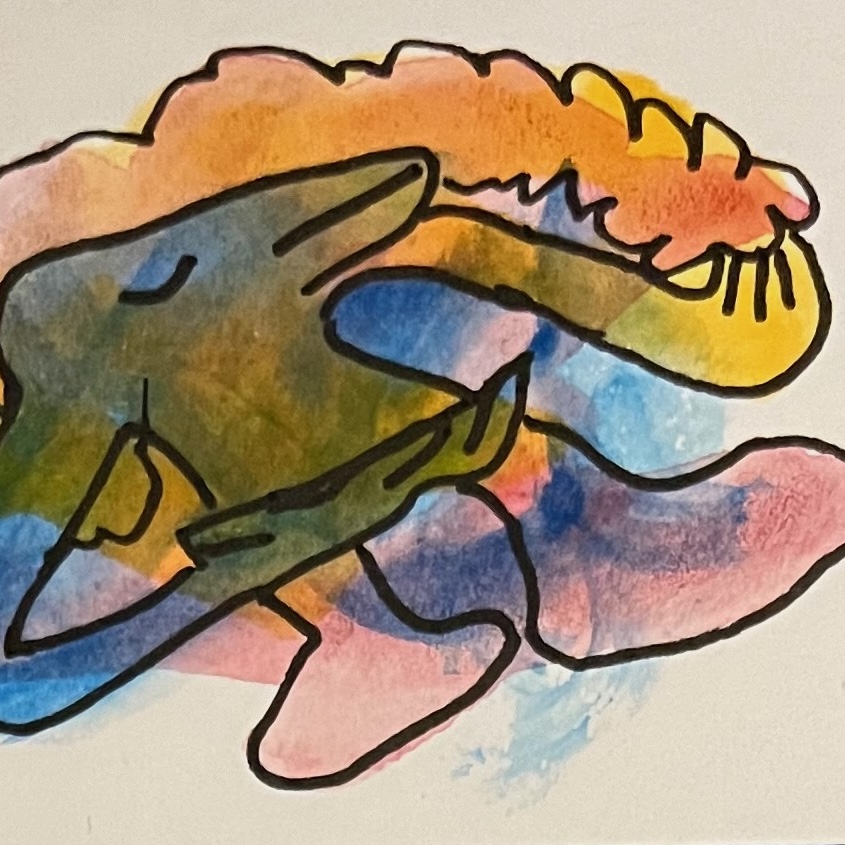 A tiny drawing of a colorful watercolor creature, eyes closed, gesturing to something looking like a trail of smoke arising from its hand.