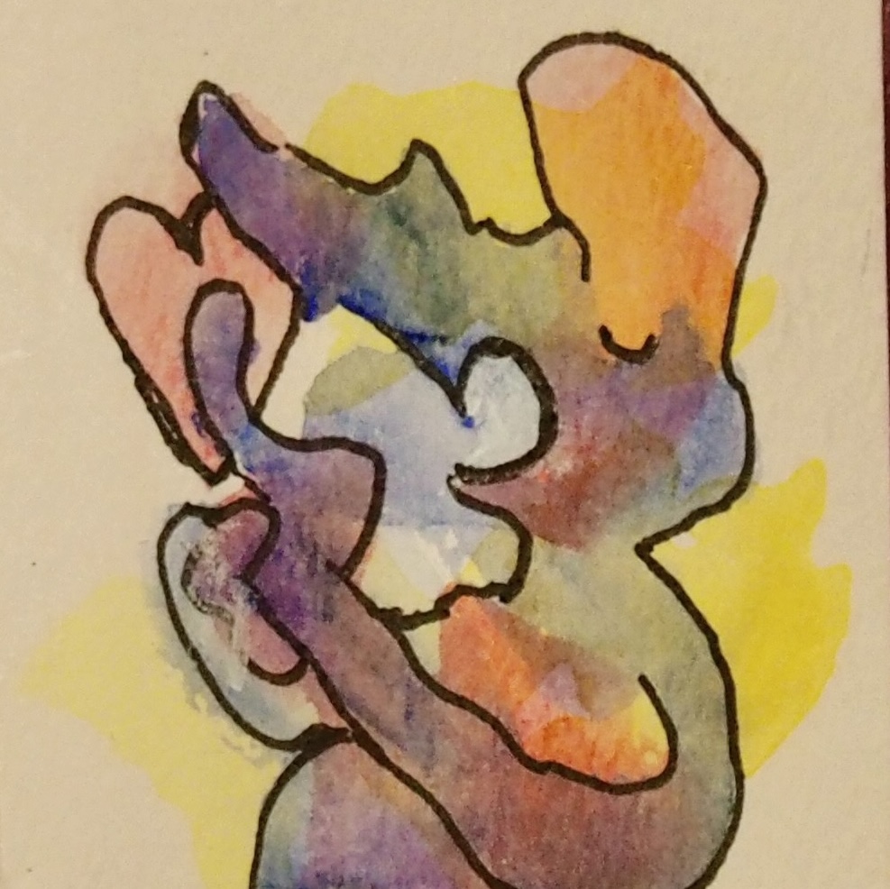 A tiny drawing of a colorful watercolor creature, eyes closed, mouth open, pointing at a heart shape.