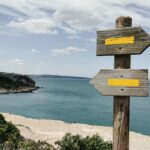 Two signs, one pointing right and one pointing left, on the beach.