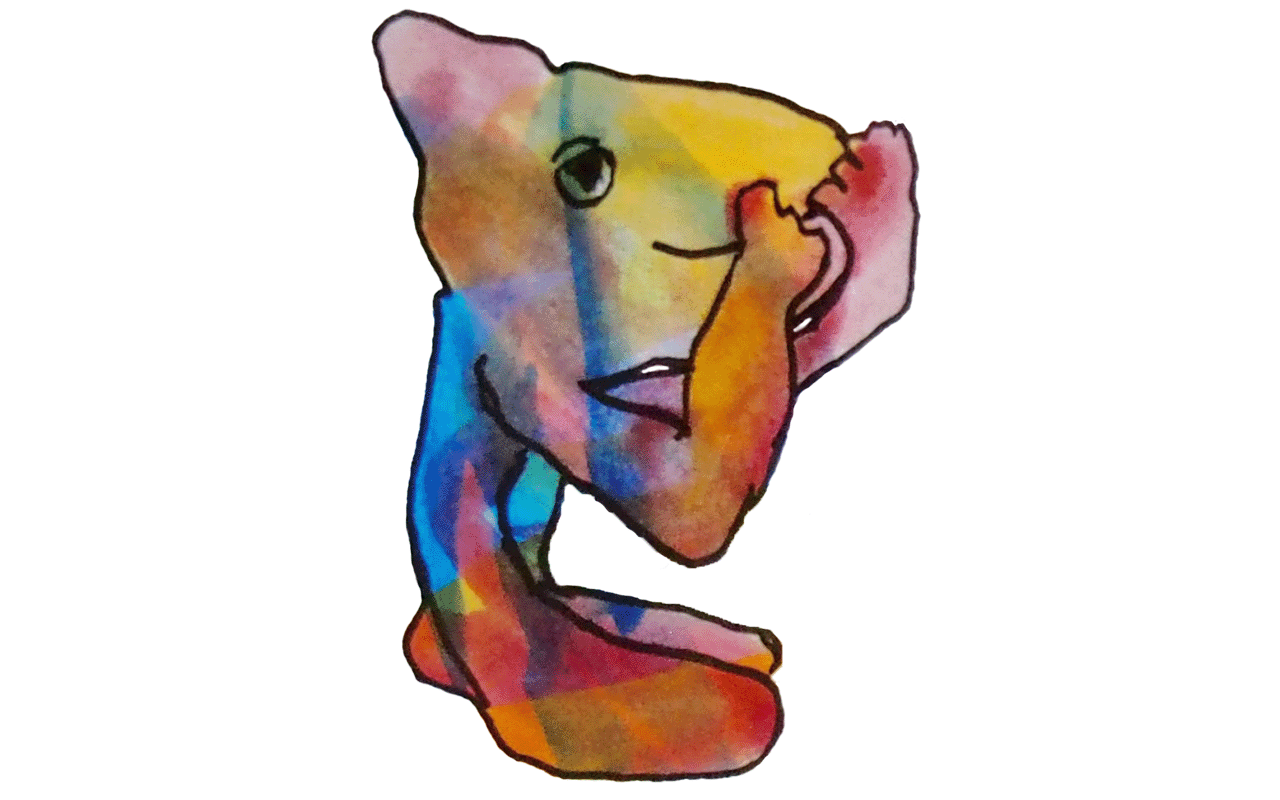 A colorful watercolor creature, smiling, with its hands over its mouth